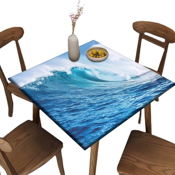 Square Fitted Polyester Tablecloths, Fit for 36" x 36" Square Table, Ocean Theme Elastic Edge Decorative Tablecloths, Dust & Wrinkle Proof Fabric Table Cover for Garden Patio Picnic Use
