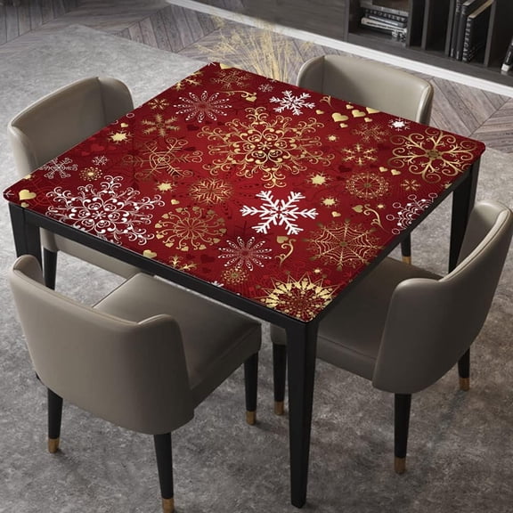 Square Fitted Table Cloth, Elastic Edged Table Cover, Christmas Red Seamless Pattern with Gold, for Family Kitchen Gatherings Parties Dinner Decor, Fits for 32"x32" Table
