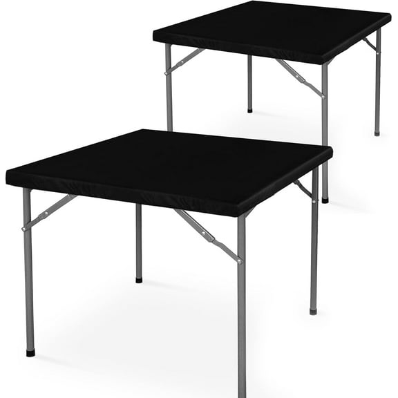 Square Fitted Table Cover Card Tablecloth 34x34 inch, 2 Packs Waterproof Elastic Vinyl Table Cloth with Flannel Backing Plastic Picnic Small Tables Top for Kitchen Dining Outdoor Party, Black