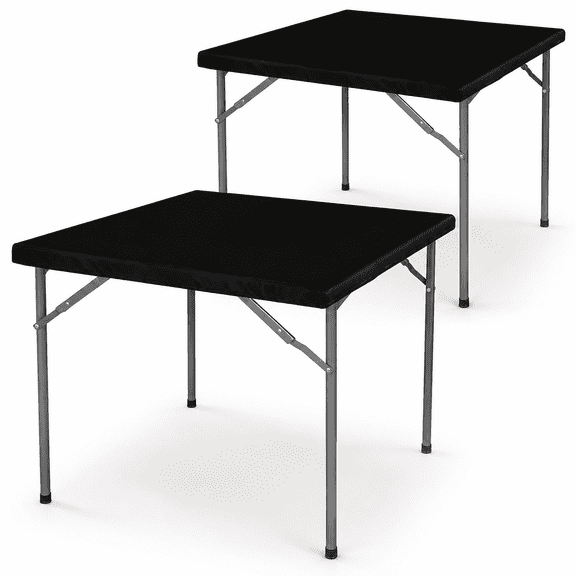 Square Fitted Table Cover Card Tablecloth 34x34 inch, 2 Packs Waterproof Elastic Vinyl Table Cloth with Flannel Backing Plastic Picnic Small Tables Top for Kitchen Dining Outdoor Party, Black