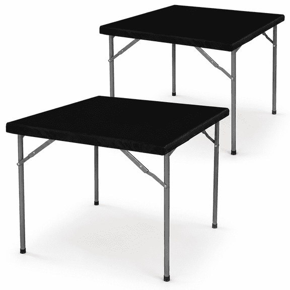 Square Fitted Table Cover Card Tablecloth 34x34 inch, 2 Packs Waterproof Elastic Vinyl Table Cloth with Flannel Backing Plastic Picnic Small Tables Top for Kitchen Dining Outdoor Party, Black