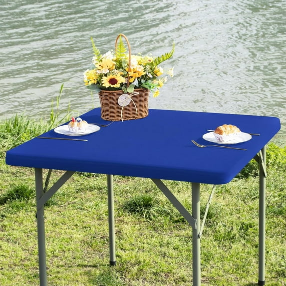 Square Fitted Table Cover Elastic Tablecloth Stretch Spandex Table Top Cover Table Topper Cap for Dining Kitchen Home Party Blue 36X36 Inch