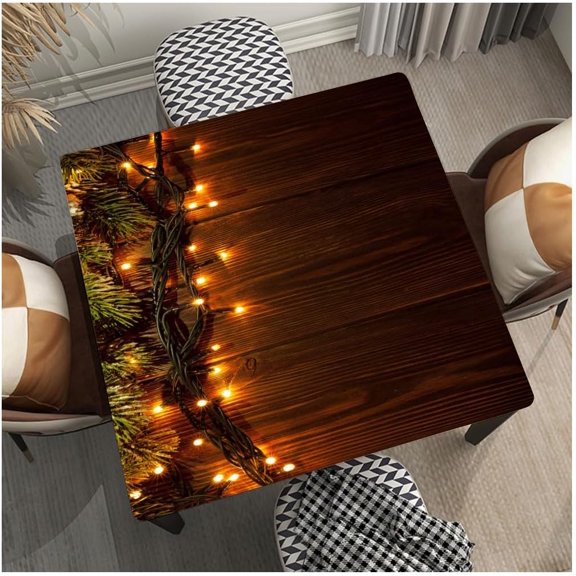 Square Fitted Table Cover Wipeable Quick Dry Christmas Wooden Texture Outdoor Elastic Table Cloth for Picnic Camping, Suits for 36"x36" Table, Style 257