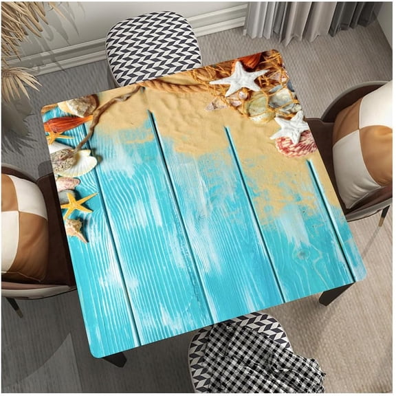 Square Fitted Table Cover Wipeable Quick Dry Sand Shells On Wooden Texture Outdoor Elastic Table Cloth for Picnic Camping, Suits for 36"x36" Table, Style 418