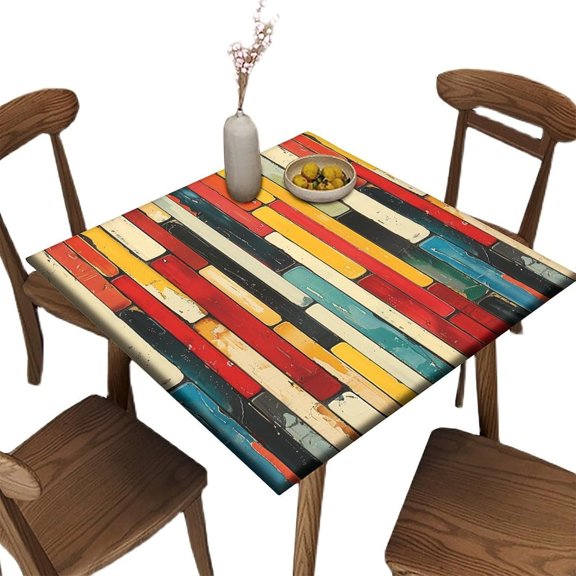 Square Fitted Tablecloth with Elastic Edge, Colored Stripes Vertical Pattern Stretch Washable Table Cover, for Banquet Buffet Kitchen Dining and Party, 36" x 36"