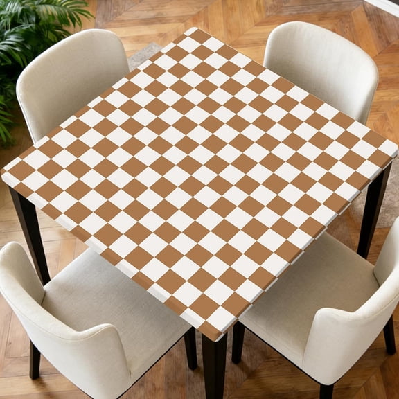 Square Fitted Tablecloth with Elastic Edge Design Table Cover Waterproof Stain-Resistant Wipeable Table Cloth for Kitchen Dining Picnic Patio Outdoor Party Beige Grid 36x36 Inch