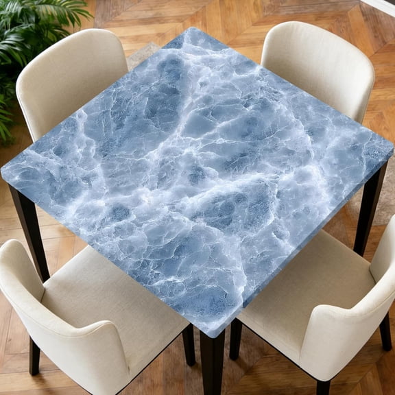 Square Fitted Tablecloth with Elastic Edge Design Table Cover Waterproof Stain-Resistant Wipeable Table Cloth for Kitchen Dining Picnic Patio Outdoor Party Blue Marble 34X34 Inch