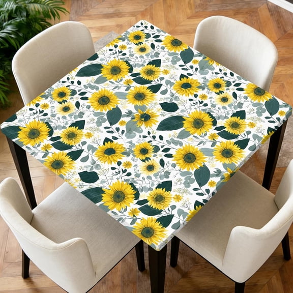 Square Fitted Tablecloth with Elastic Edge Design Table Cover Waterproof Stain-Resistant Wipeable Table Cloth for Kitchen Dining Picnic Patio Outdoor Party Sunflower 36x36 Inch