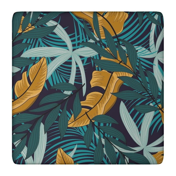 Square Fitted Tablecloth with Elastic Edge Featuring Tropical Leaf and Palm Inspired Prints, Waterproof Vinyl, Backed, Durable Table Cover for Indoor and Outdoor Dining