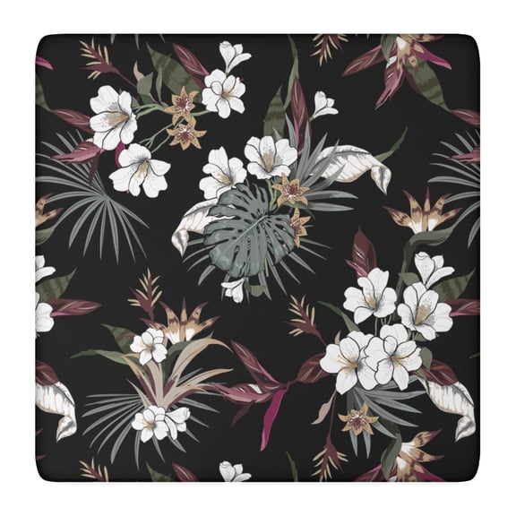 Square Fitted Tablecloth with Elastic Edge Featuring Vibrant Tropical Floral and Monstera Prints, Waterproof Vinyl Table Cover, Backing for Heat Resistance and Durability