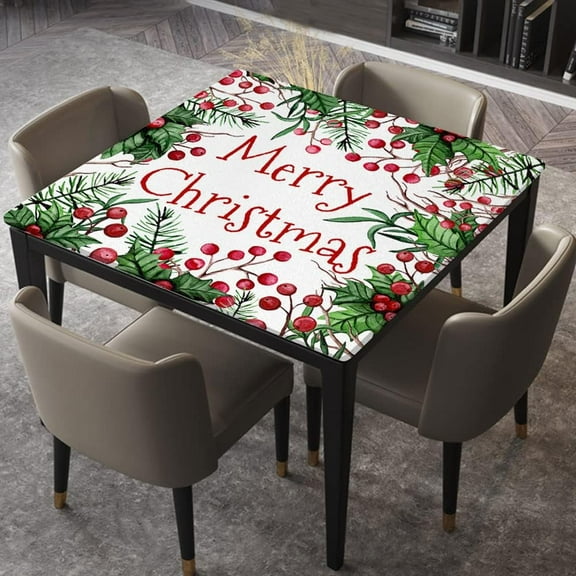 Square Fitted Tablecloth Elastic Edged, Christmas Card with Watercolor Holly, Table Cover, for Christmas Holiday Party Dinnning, Fits for 36"x36" Table