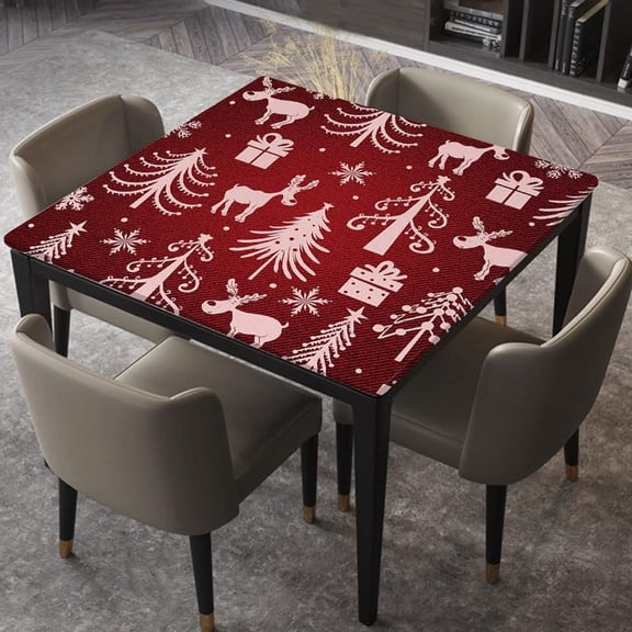 Square Fitted Tablecloth Elastic Edged, Christmas Pattern On Denim Background, Table Cover, for Christmas Holiday Party Dinnning, Fits for 36"x36" Table