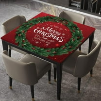 Square Fitted Tablecloth Elastic Edged, Gold Merry Christmas Typographical On Red, Table Cover, for Christmas Holiday Party Dinnning, Fits for 36"x36" Table