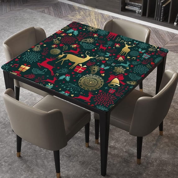 Square Fitted Tablecloth Elastic Edged, Merry Christmas Seamless Pattern with Gold, Table Cover, for Christmas Holiday Party Dinnning, Fits for 36"x36" Table