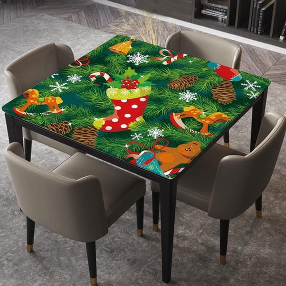 Square Fitted Tablecloth Elastic Edged, New Year Background with Christmas, Table Cover, for Christmas Holiday Party Dinnning, Fits for 36"x36" Table
