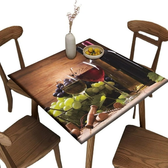 Square Fitted Tablecloth with Elastic, Wine Pattern Printed on Wrinkle Resistant Polyester Table Cloth, for Family Party and Patio Decoration, Fit for 36" x 36" Square Table