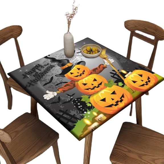 Square Fitted Tablecloth, Halloween Pumpkin Broom with Elastic Edge Fitted Polyester Table Cloth, for Indoor Holiday Family Banquet and Outdoor Patio Use, 36 x 36 Inch Square Table