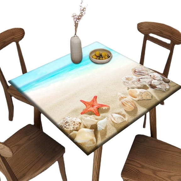 Square Fitted Tablecloth, Seashells Starfish Conch Waves Ocean Blue Polyester Table Cloth, for Outdoor Picnic Camping and Indoor Kitchen Dining Party, Fit for 36" x 36"Square Table