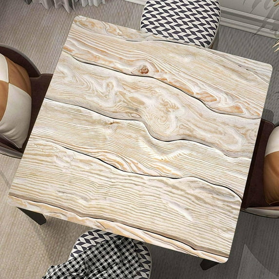 Square Fitted Tablecloth Wood Grain Table Cloth Cover with Elastic Edge Antique White Tablecloths Washable Cloths for Home Dining Kitchen Party Picnic, Fit for 32"x32" Tables, Style-5