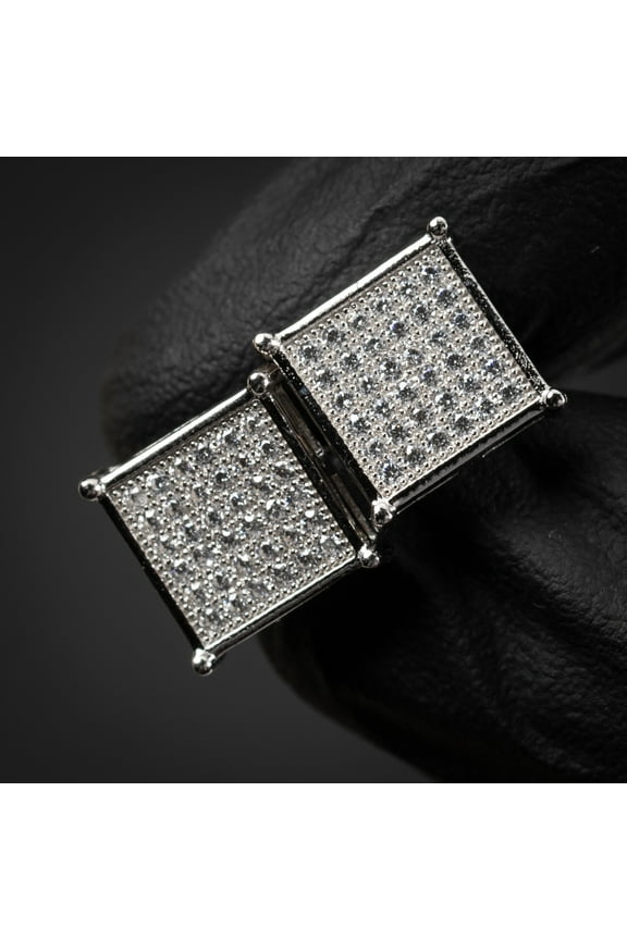 Square Flat Screen Micro Pave Hip Hop 10mm White Gold 925 Sterling Silver Men's Screw Back Stud Earrings