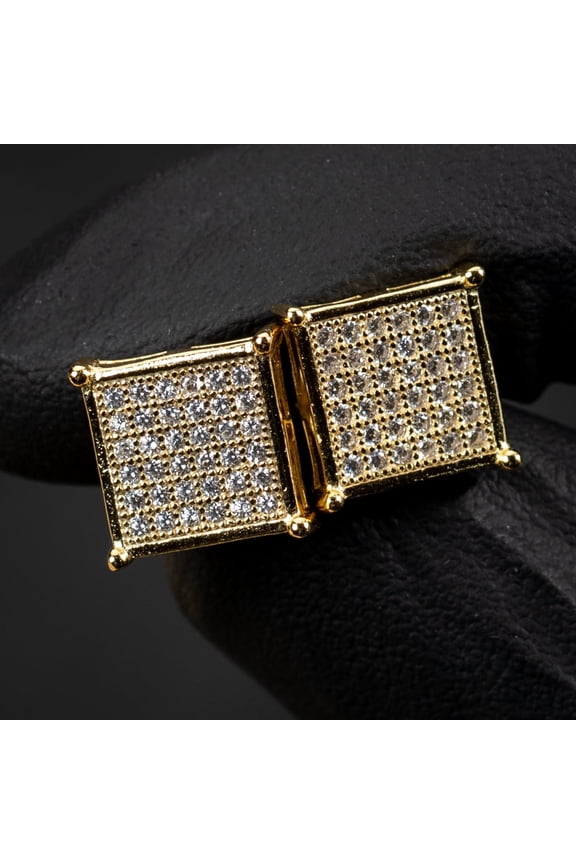 Square Flat Screen Micro Pave Hip Hop 10mm Yellow Gold Plated Men's Screw Back Stud Earrings