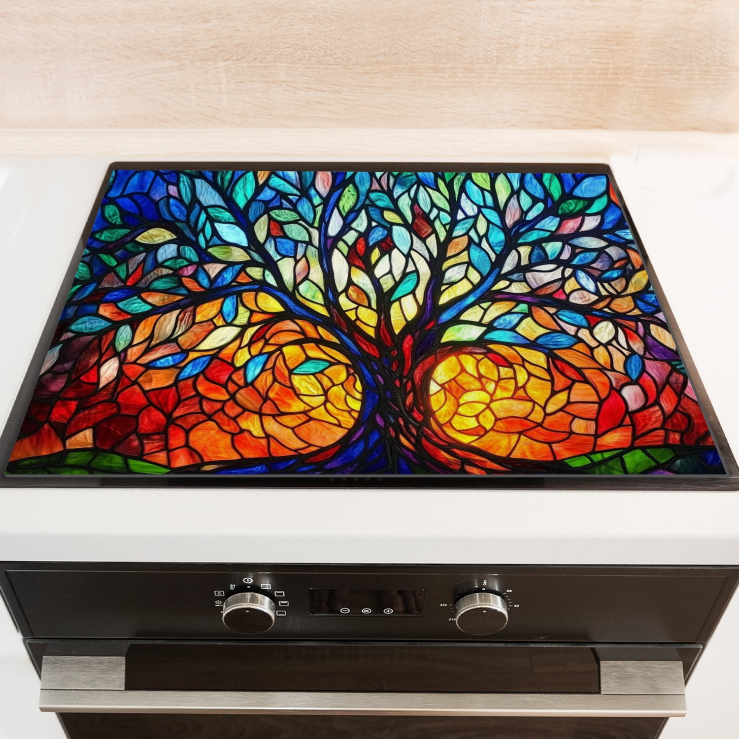 Square Flat Top Stove Covers, Retro Tree Colorful Foldable Range Covers for Gas Stove, Oilproof Waterproof Dustproof Decoration Mat for Kitchen RV (28×20 Inch)