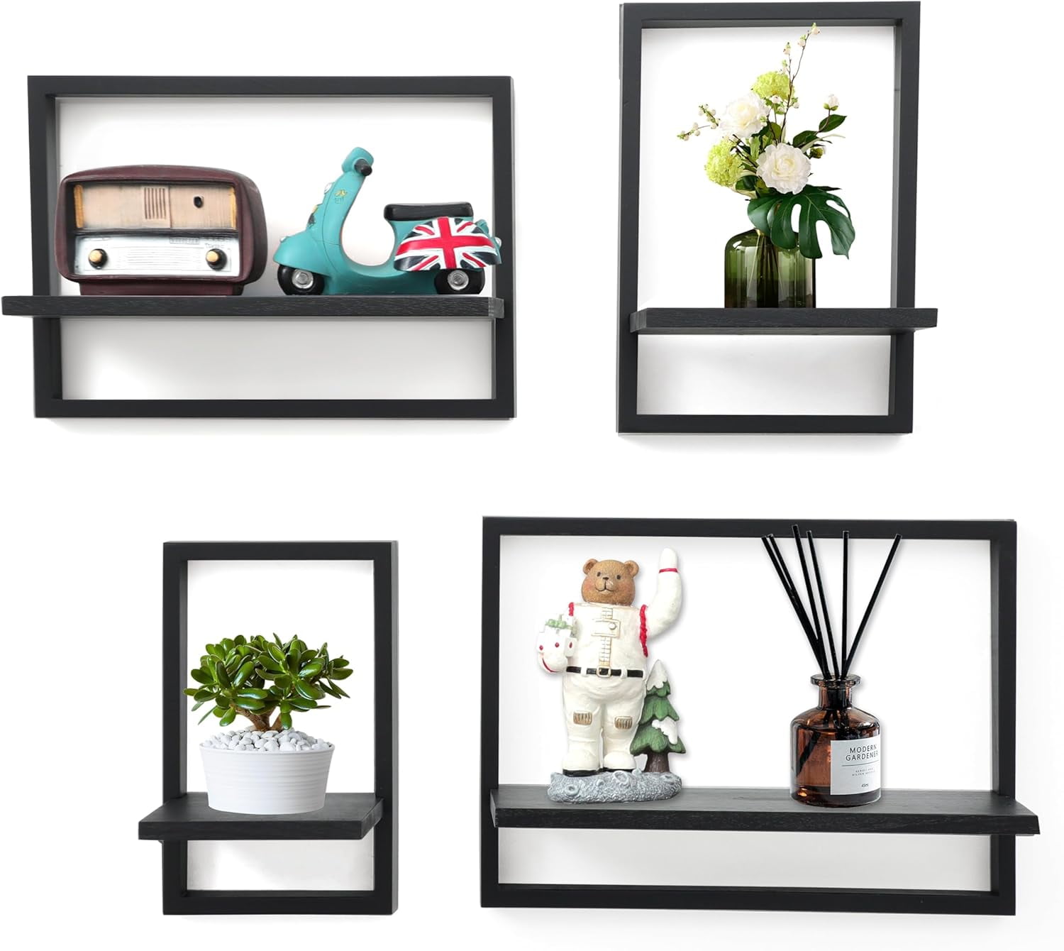 Square Floating Shelves,Framed Wall Shelf Decorative Set of 4,Modern Plants Hanging Display Art Decor Storage for Livingroom Bedroom Bathroom Farmhouse,Home Light Wood,Rustic Black