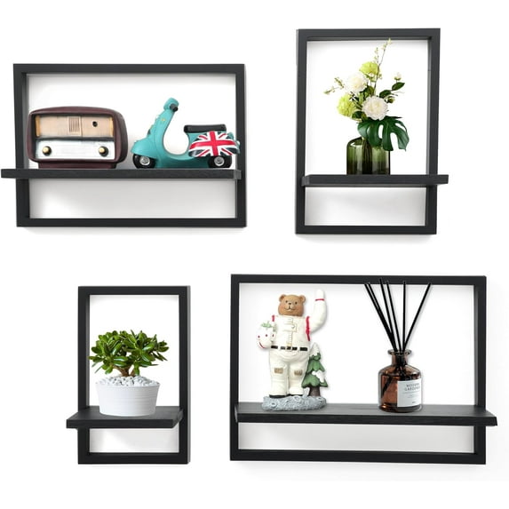 Square Floating Shelves,Framed Wall Shelf Decorative Set of 4,Modern Plants Hanging Display Art Decor Storage for Livingroom Bedroom Bathroom Farmhouse,Home Light Wood,Rustic Black