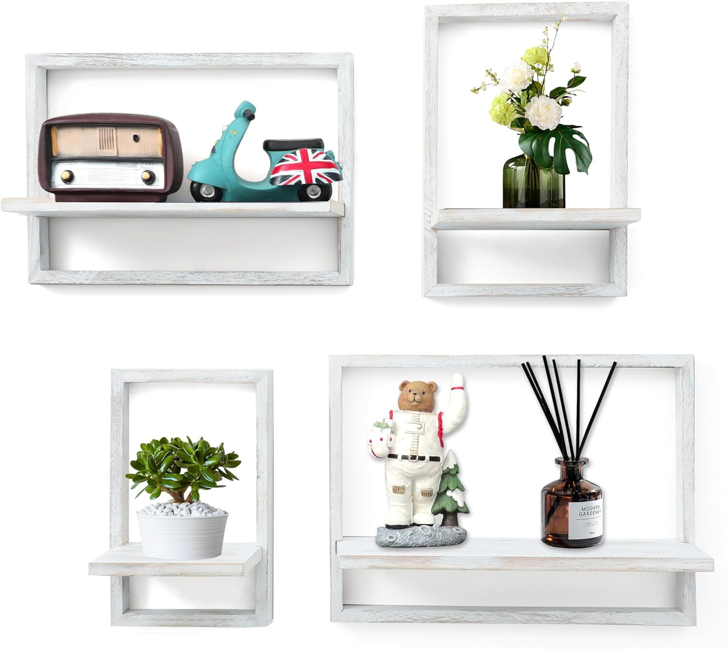 Square Floating Shelves,Framed Wall Shelf Decorative Set of 4,Modern Plants Hanging Display Art Decor Storage for Livingroom Bedroom Bathroom Farmhouse,Home Light Wood,Rustic White
