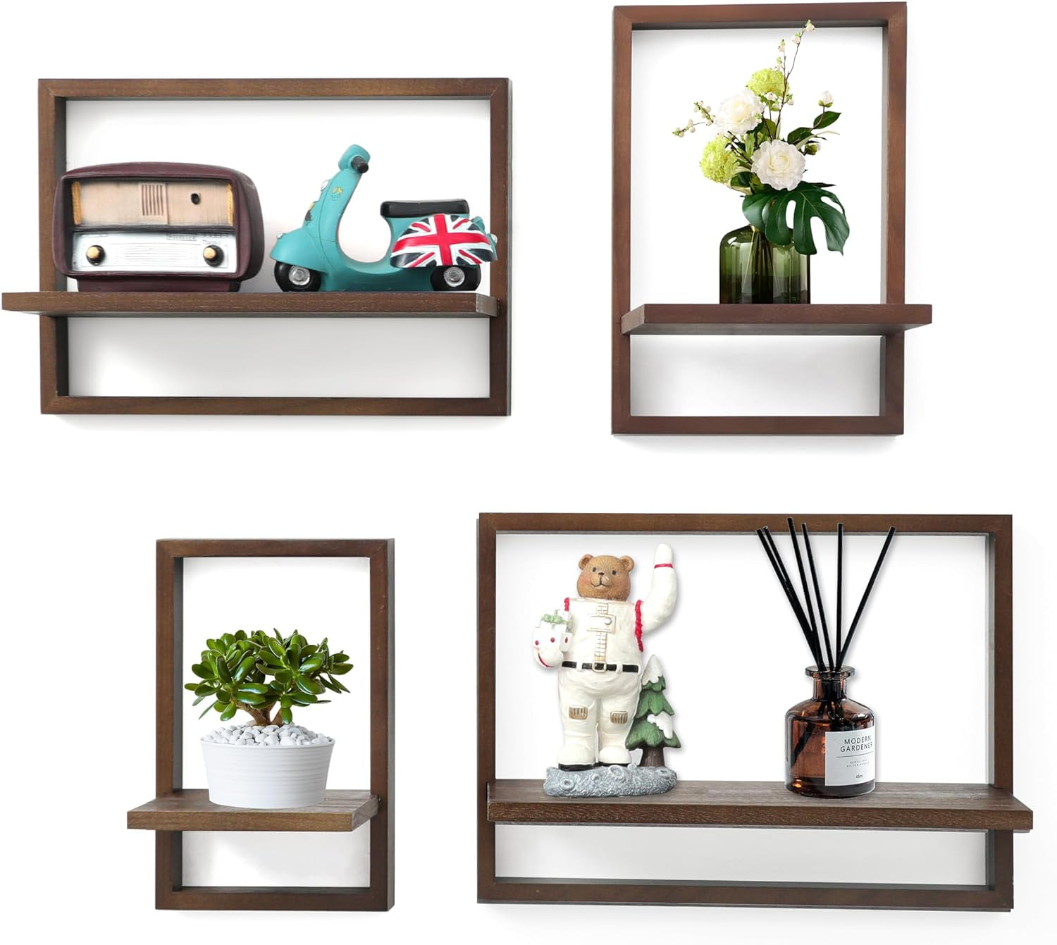 Square Floating Shelves,Framed Wall Shelf Decorative Set of 4,Modern Plants Hanging Display Art Decor Storage for Livingroom Bedroom Bathroom Farmhouse,Home Light Wood,Rustic Walnut