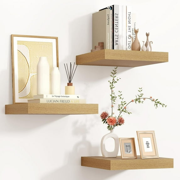 Square Floating Shelves for Wall, 12"W x 12"D x 1.3"H, 3 Pack of Small Wall Mounted Engineered Wood Shelves with Invisible Brackets for Living Room, Bedroom, Bathroom, Kitchen Decor and Storage, Oak