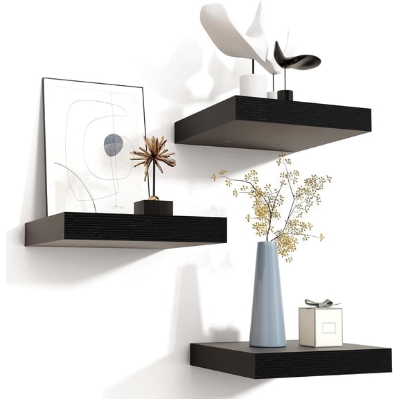 Square Floating Shelves for Wall 8"W x 8"D x 1.2"H, Small Engineered Wood Wall Shelves with Invisible Brackets for Living Room Bedroom Bathroom Office Kitchen Storage & Decor, Black Finish, Set of 3