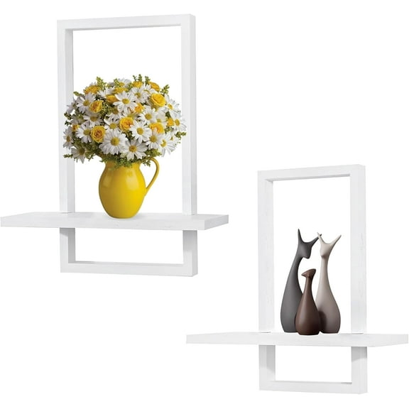 Square Wall Shelf,Framed Floating Shelves Set of 2,Decorative Plants Hanging Display Chic for Living Room Bedroom Bathroom Home Office,Soild Wood,L+S,White