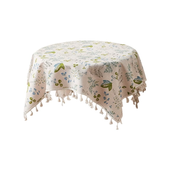 Square Floral Tablecloth French Vintage Cotton Linen Tablecloth with Tassels, Small Wild Flowers and Green Leaves Washable Table Cover for Farmhouse Home Kitchen Dining Picnic Decor - 36x36 in