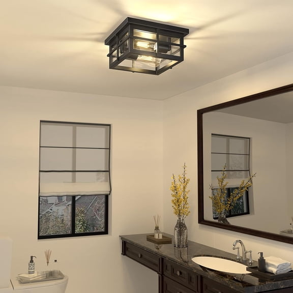 Square Flush Mount Ceiling Light with Clear Glass Shade 2-Light Farmhouse Ceiling Light Fixtures Black Hallway Light Fixtures Mount for Living Room Foyer