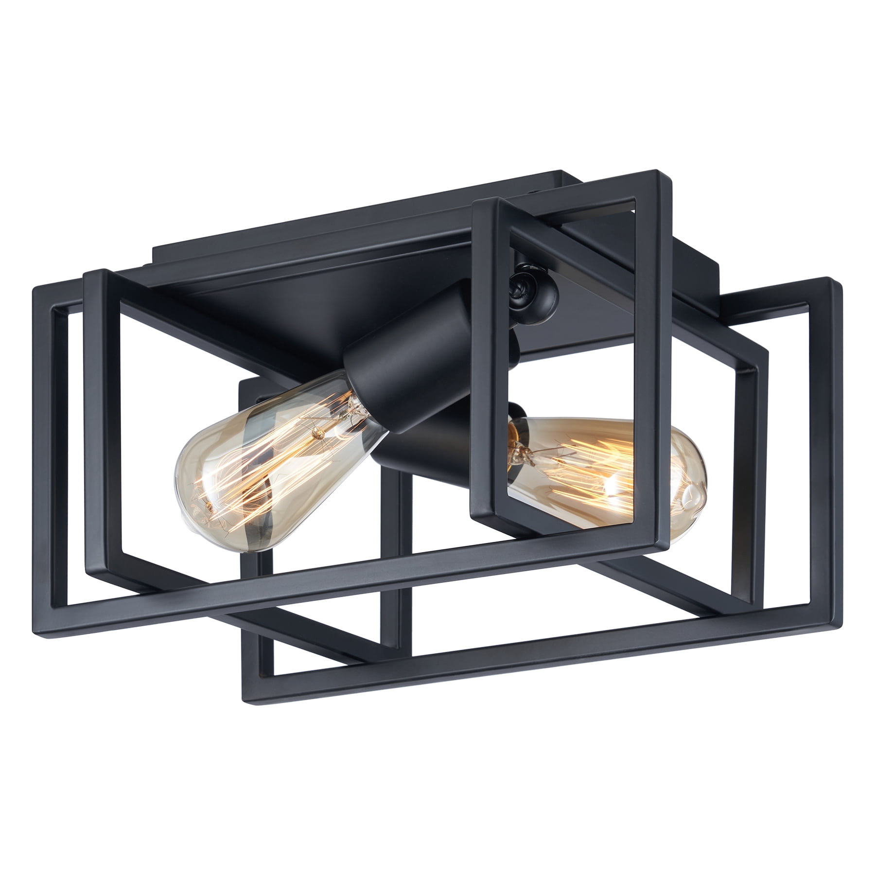 Square Flush Mount Ceiling Light Fixture with Open Geometric Metal Frame for 2 Bulbs up to 40W Each, Matte Black