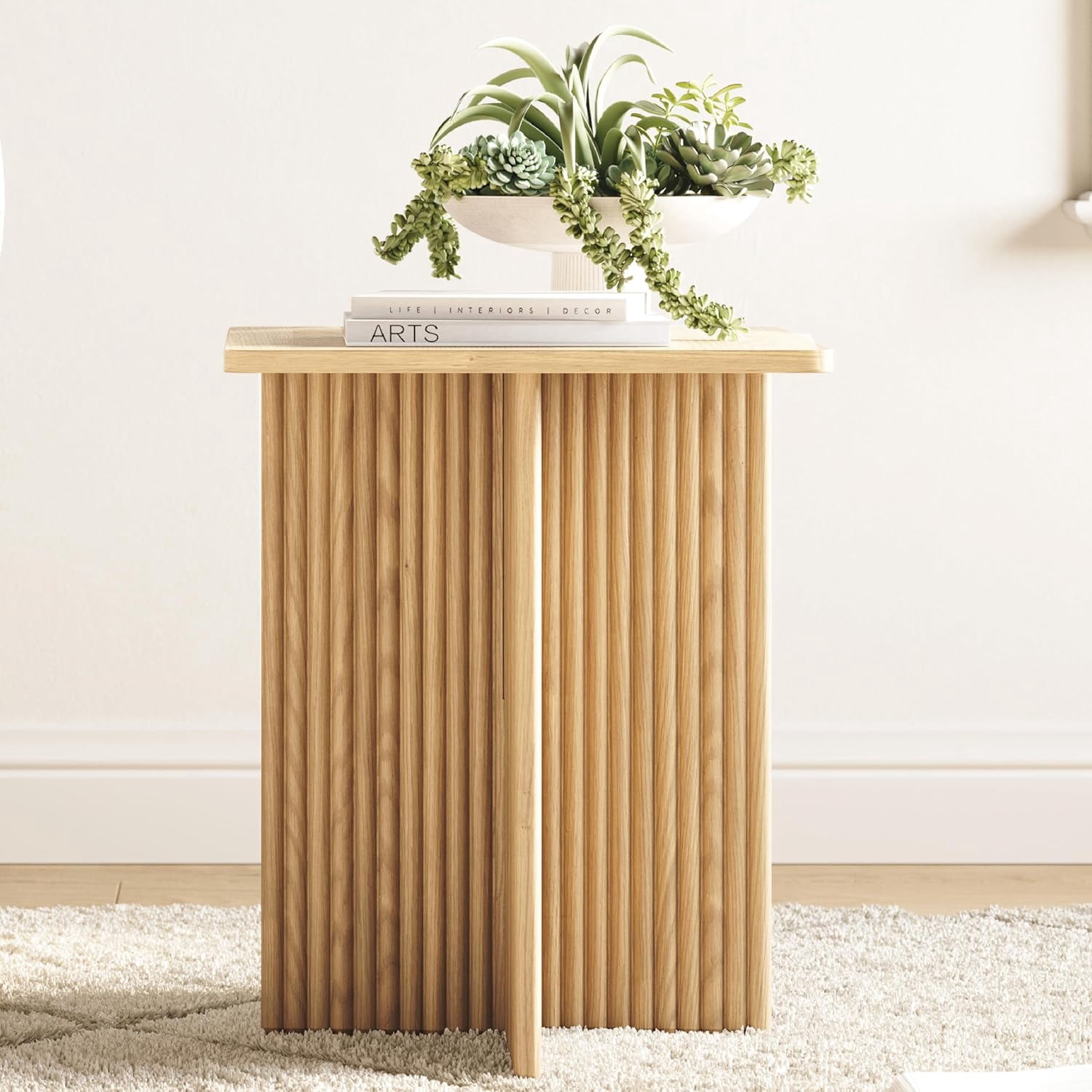 Square Fluted Accent Side Table - Pedestal Drink Table - Modern Home, Bedroom, and Living Room ...
