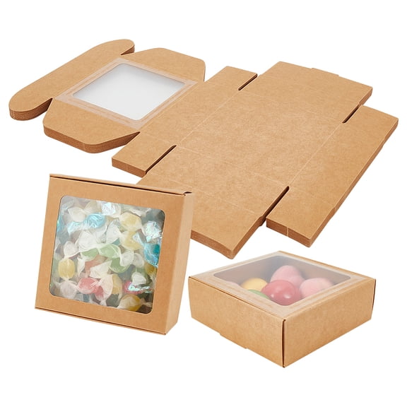 Square Foldable Creative Kraft Paper Box Gift Box with Visible PVC Window Tan 10.5x10.5x4cm