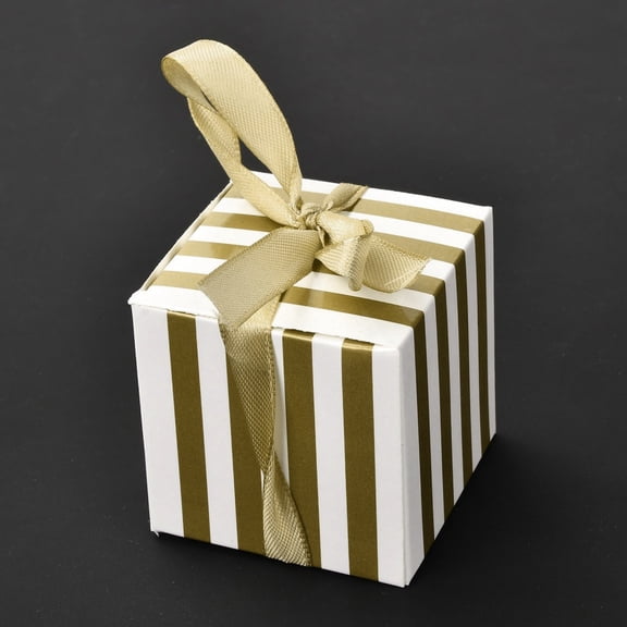 Square Foldable Creative Paper Gift Box Stripe Pattern with Ribbon Decorative Gift Box for Weddings Dark Khaki 55x55x55mm