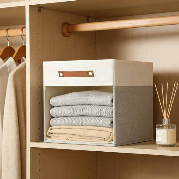 Square Foldable Fabric Storage Box 13x13x13 in Polyester Cube Bin with Handles Beige Gray Double Stitched Nonwoven Sides Large Capacity Organizer for Closet Wardrobe Toys Clothes