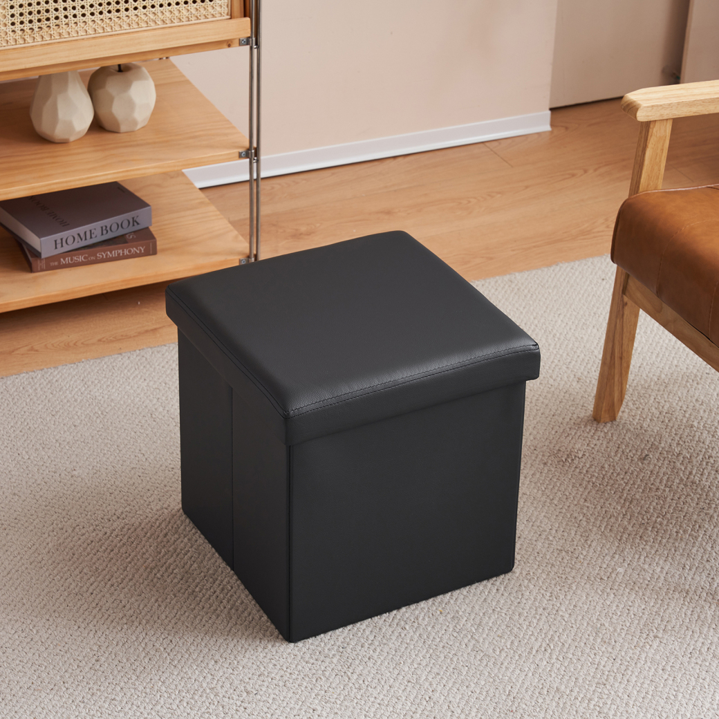 Square Foldable Footstool, Glossy PVC Ottoman with Hidden Storage, Shoe Bench for Living Room
