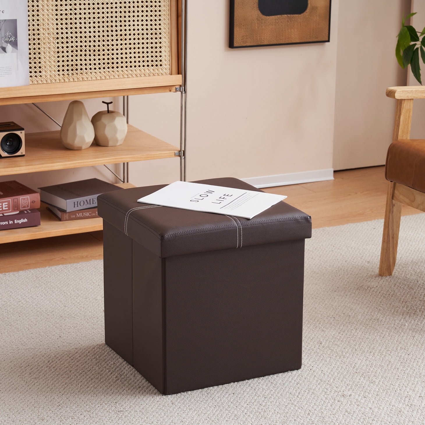 Square Foldable Footstool, Glossy PVC Ottoman with Hidden Storage, Shoe Bench for Living Room