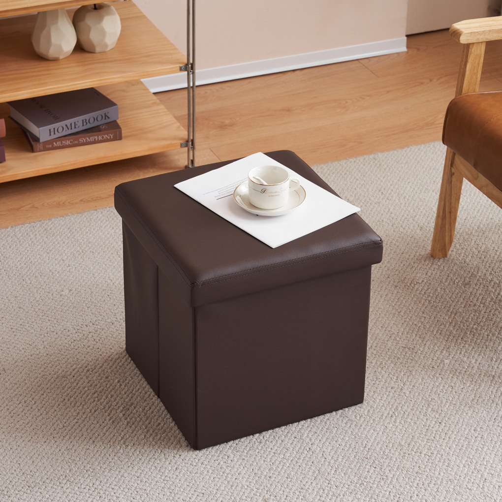 Square Foldable Footstool, Glossy PVC Ottoman with Hidden Storage, Shoe Bench for Living Room
