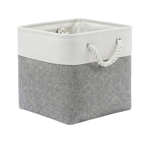 Square Foldable Storage Bin with Rope Handles,Gray 11 Inch | Collapsible Fabric Cube Basket, Cotton Linen Decorative Organizer Box for Shelves Closet Nursery Living Room