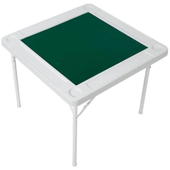 Square Folding Card Table for Game Night, Mahjong Table with Green Felt, Chip Trays and Cup Holders, Portable Domino Table for 4 Players, White HDPE and Iron Game Table
