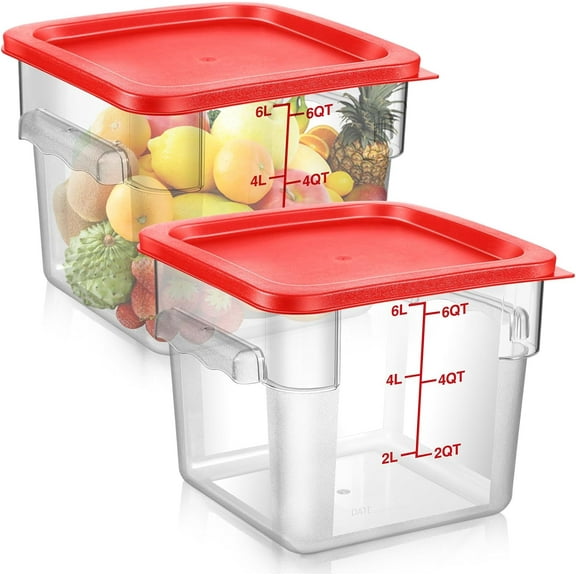 Square Food Storage Container with Red Lid and Red Graduations 6 Qt