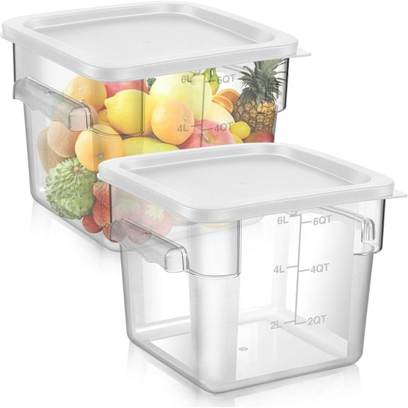 Square Food Storage Containers with Lid, Clear Polycarbonate, 6 Qt, Graduated Measurements, White