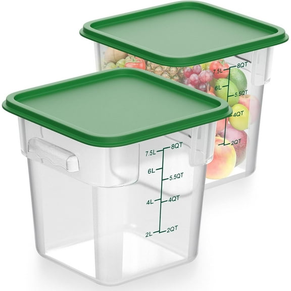 Square Food Storage Containers with Lid, Clear Polycarbonate, 8 Qt, Graduated Markings, Green