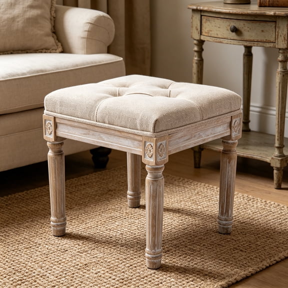 Square Foot Stool with Button Tufted Seat, Small Fabric Upholstered Short Ottoman Footrest Stool Bench, Padded French Accent Foot Rest Decor with Rustic Wood Legs for Living Room, Beige