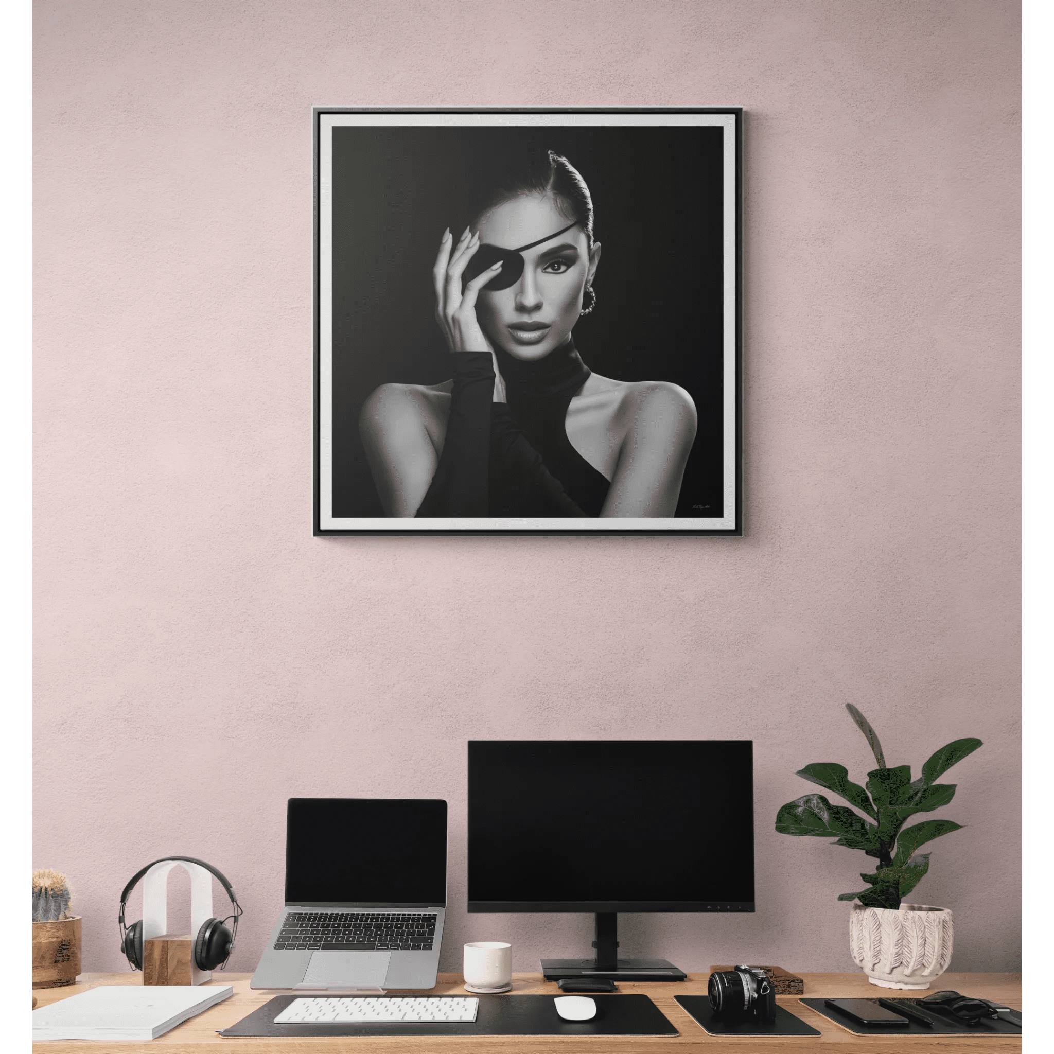 Square Frame Canvas Wall Art, Dramatic Black and White Woman Portrait ...